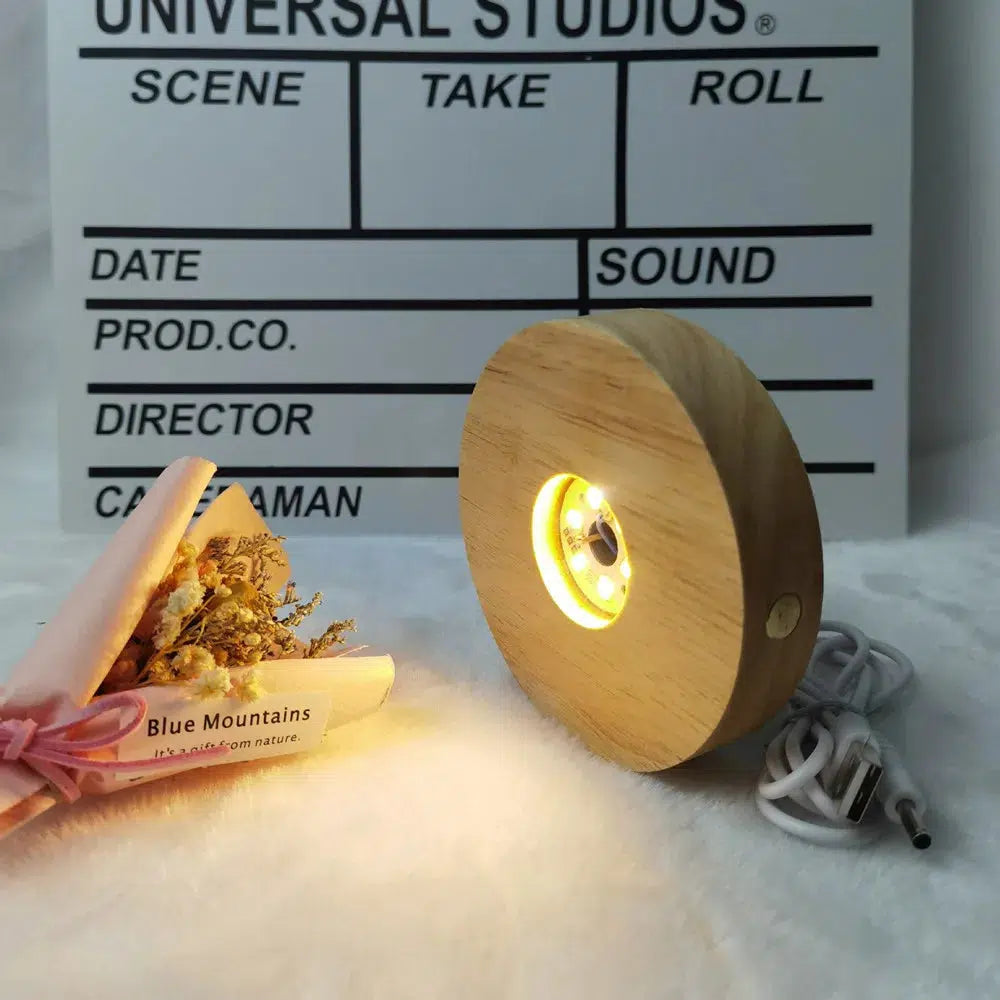 Base d'ornement lumineux à LED ronde en bois et verre en cristal avec câble USB