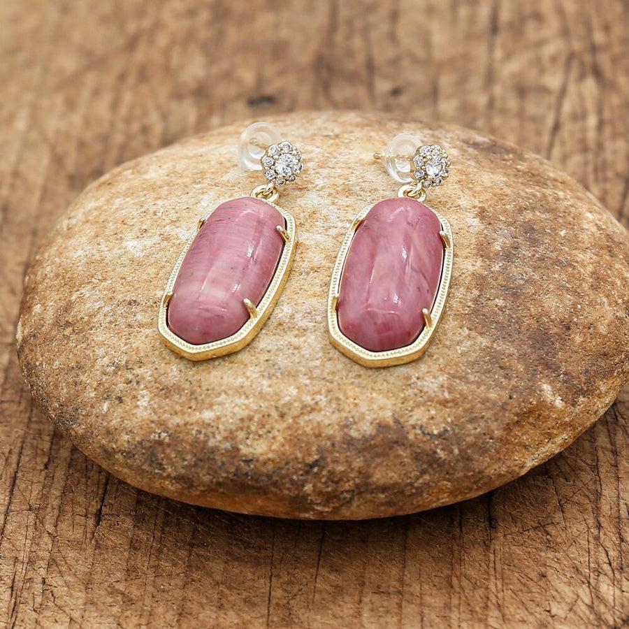 Boucles d’oreilles dorées en Rhodonite et strass