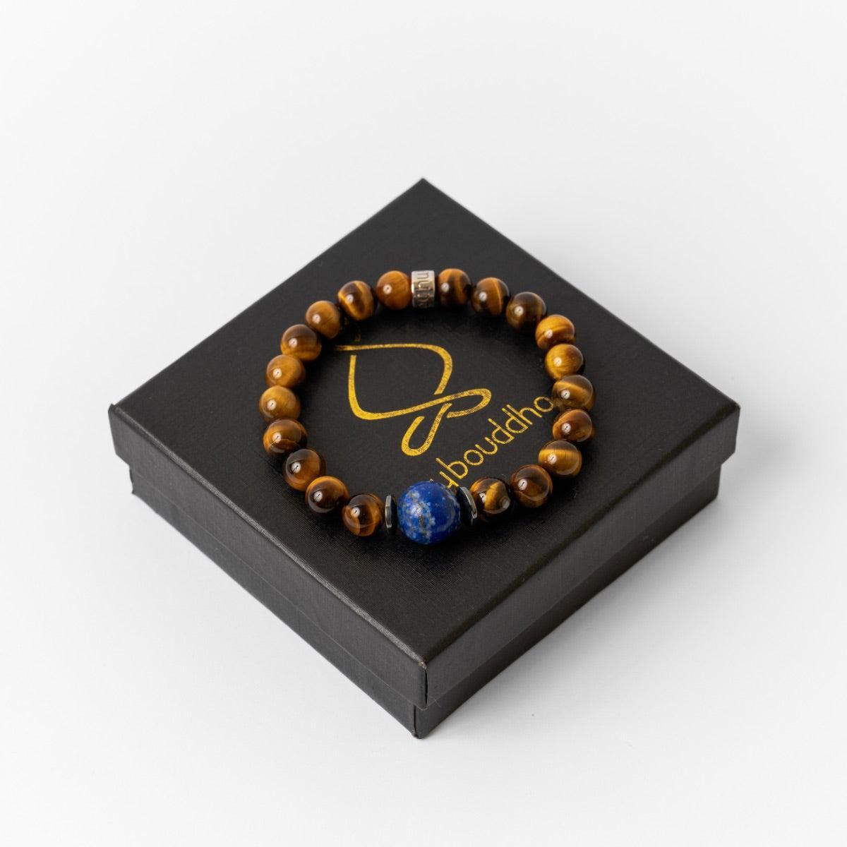 Bracelet « Confiance en soi » en Oeil de Tigre, Hematite et Lapis Lazuli