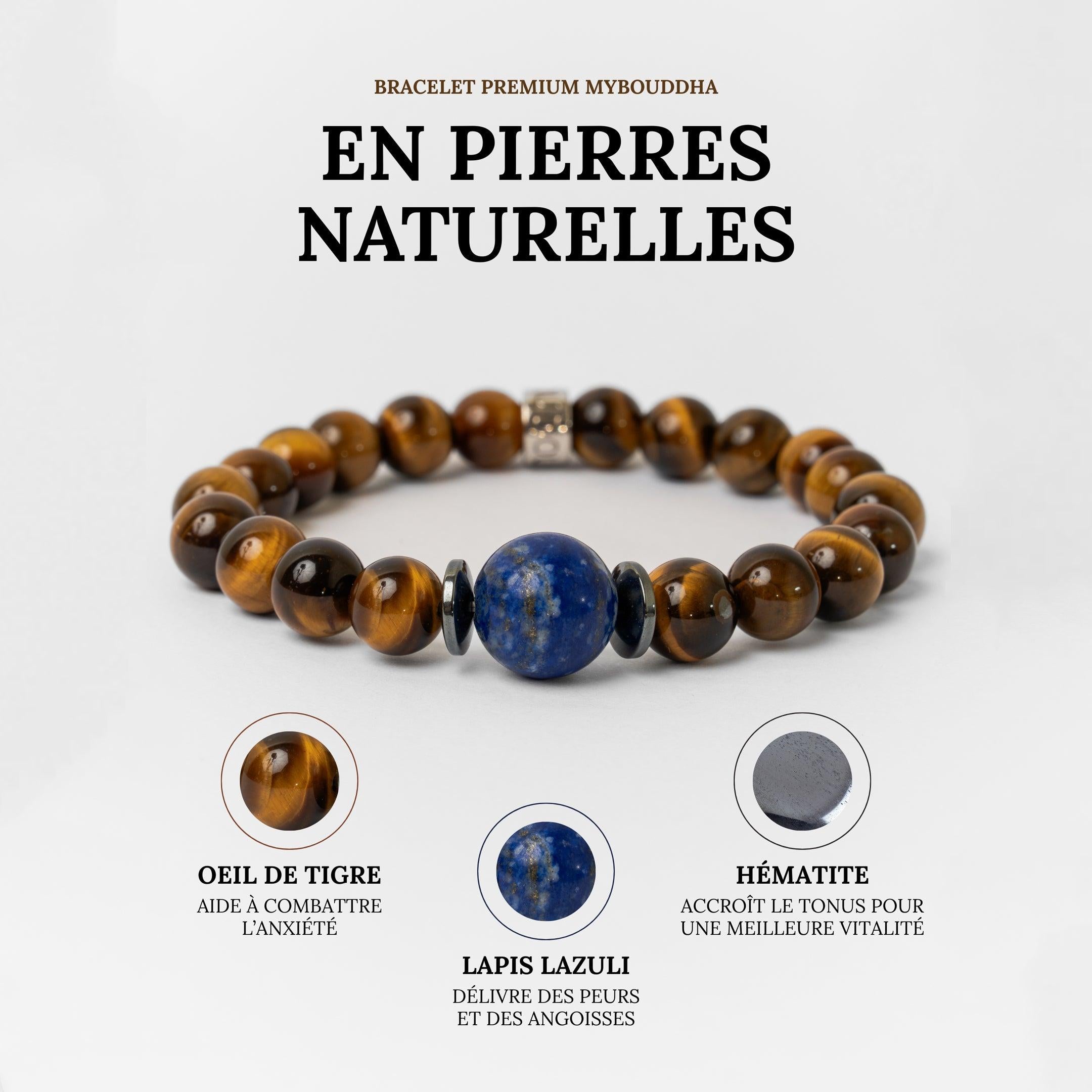 Bracelet « Confiance en soi » en Oeil de Tigre, Hematite et Lapis Lazuli