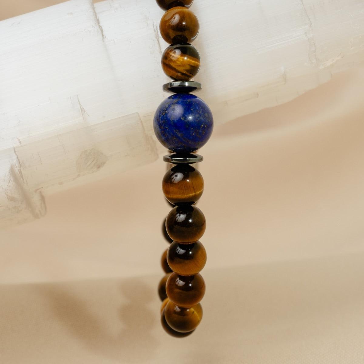 Bracelet « Confiance en soi » en Oeil de Tigre, Hematite et Lapis Lazuli