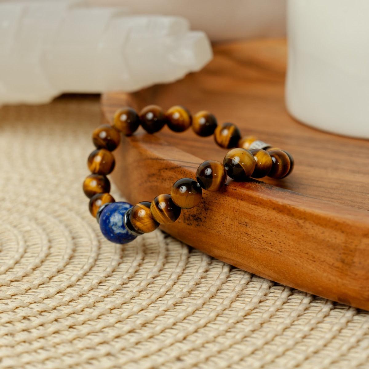 Bracelet « Confiance en soi » en Oeil de Tigre, Hematite et Lapis Lazuli