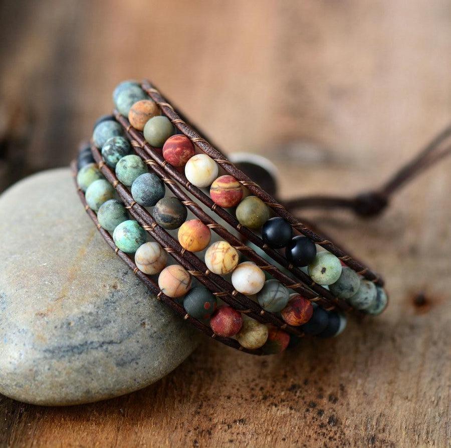 Bracelet «Courage et Paix intérieure» en pierres et cuir