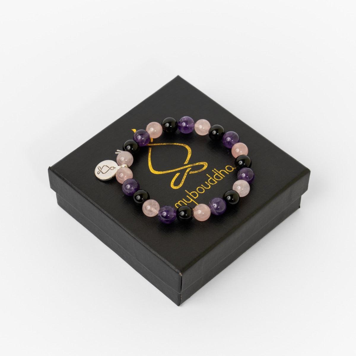 Bracelet « Créativité et Régénération » en Quartz Rose, Améthyste et Onyx Noir