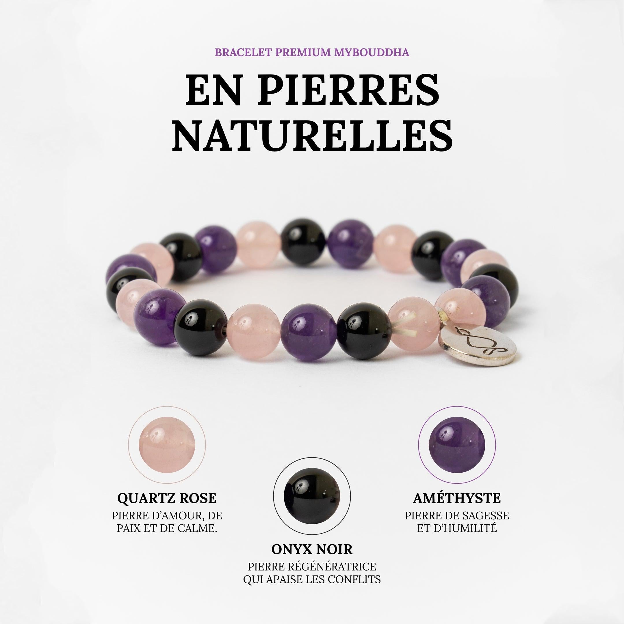 Bracelet « Créativité et Régénération » en Quartz Rose, Améthyste et Onyx Noir