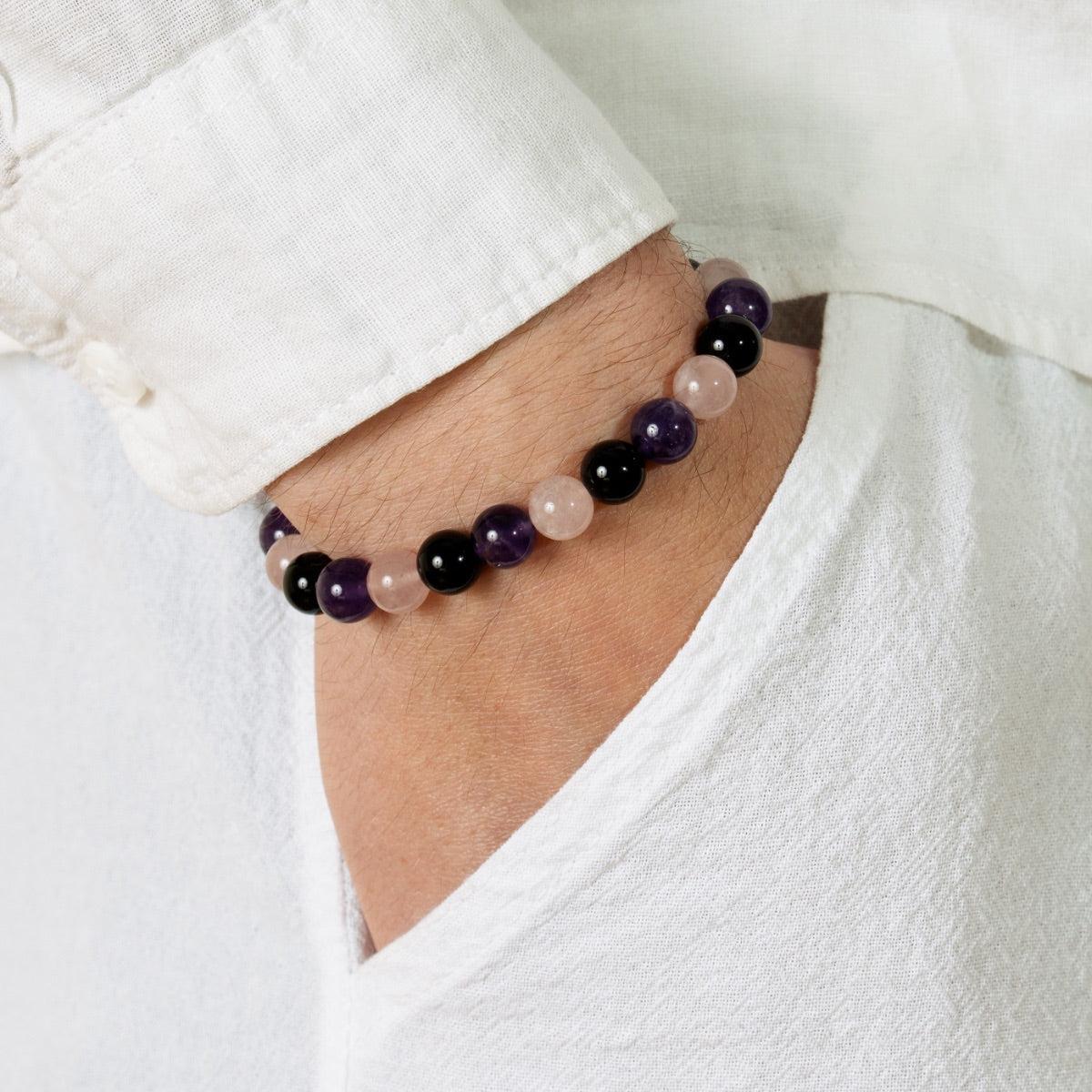 Bracelet « Créativité et Régénération » en Quartz Rose, Améthyste et Onyx Noir