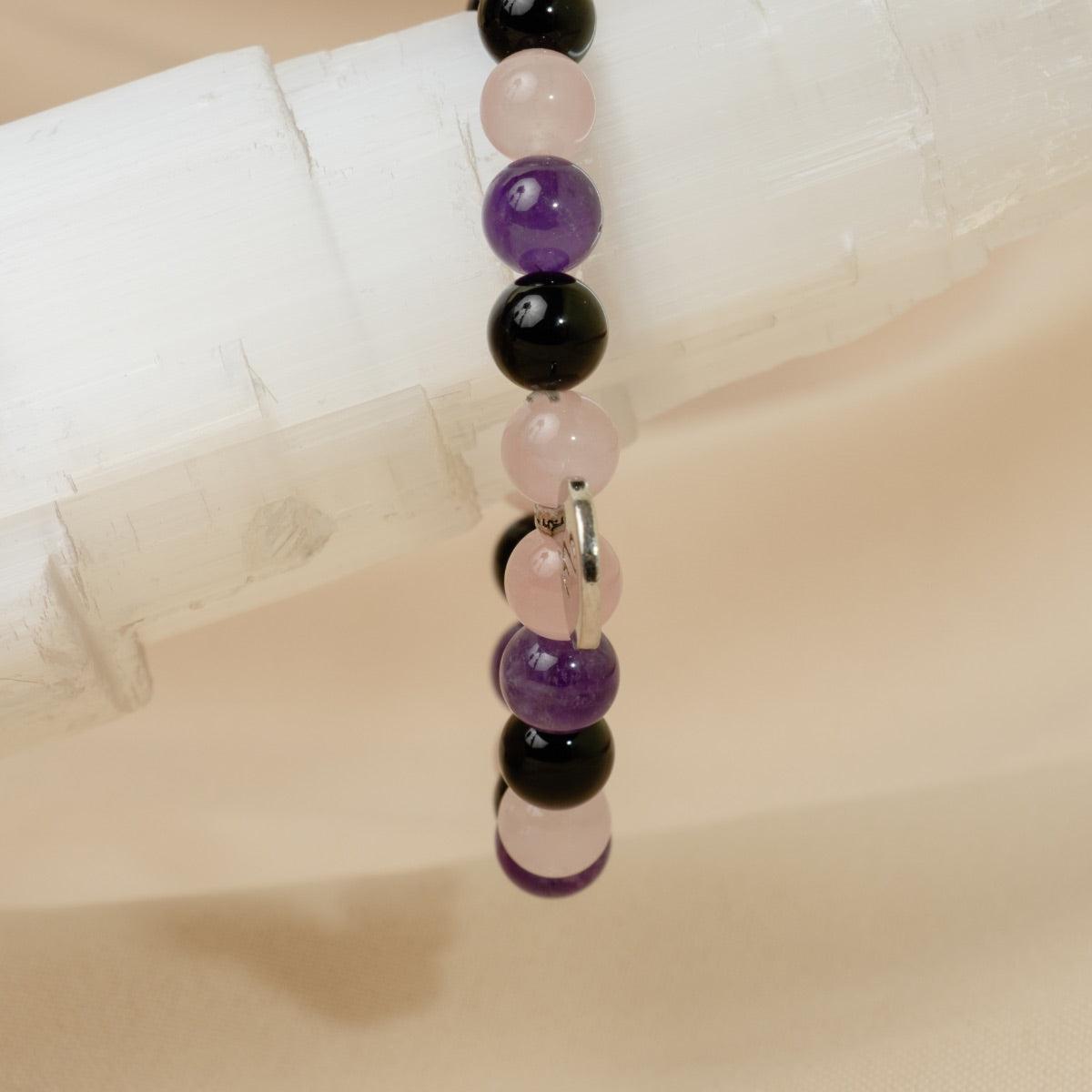 Bracelet « Créativité et Régénération » en Quartz Rose, Améthyste et Onyx Noir