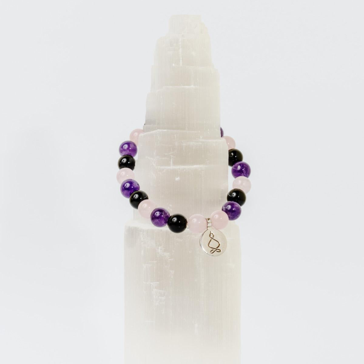 Bracelet « Créativité et Régénération » en Quartz Rose, Améthyste et Onyx Noir