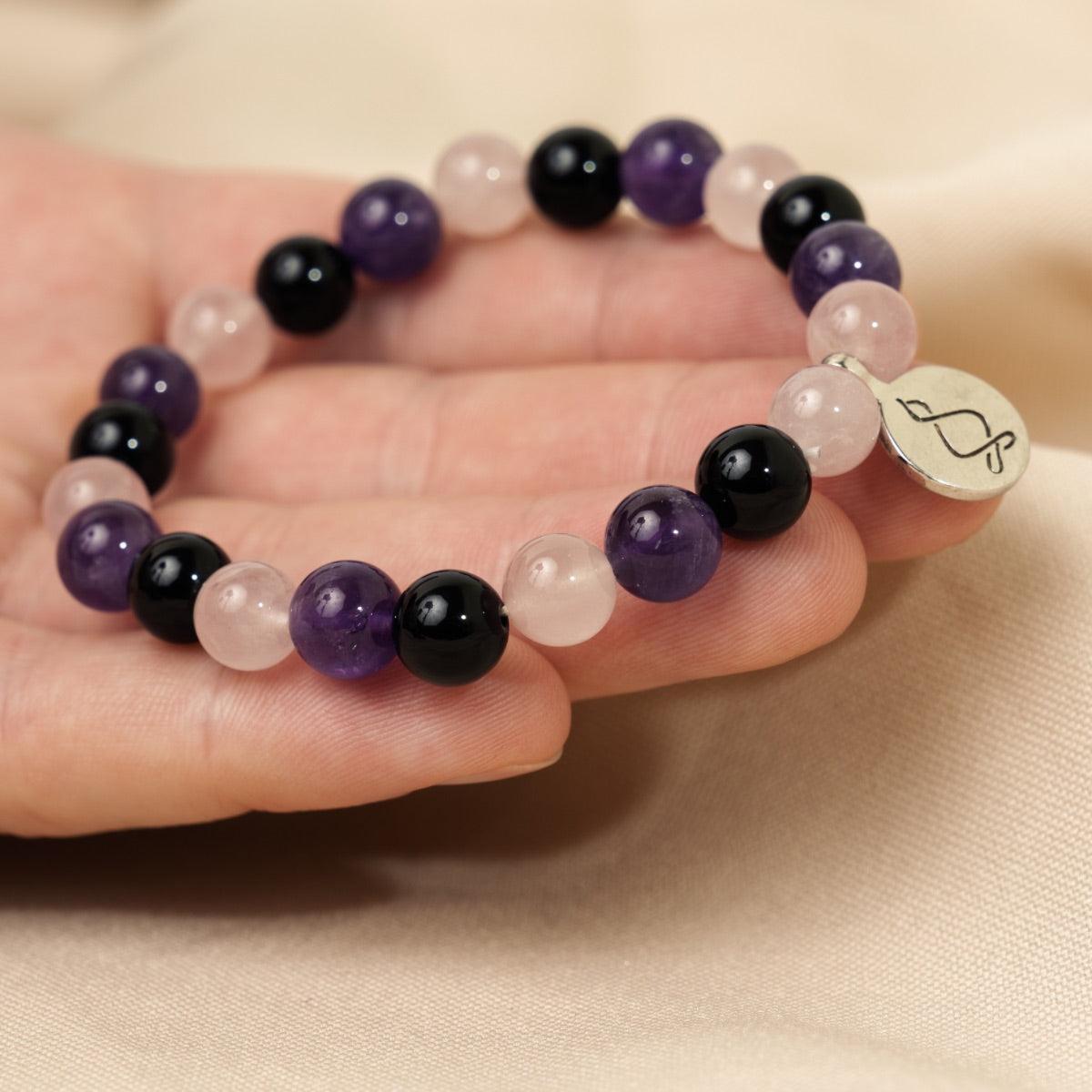 Bracelet « Créativité et Régénération » en Quartz Rose, Améthyste et Onyx Noir