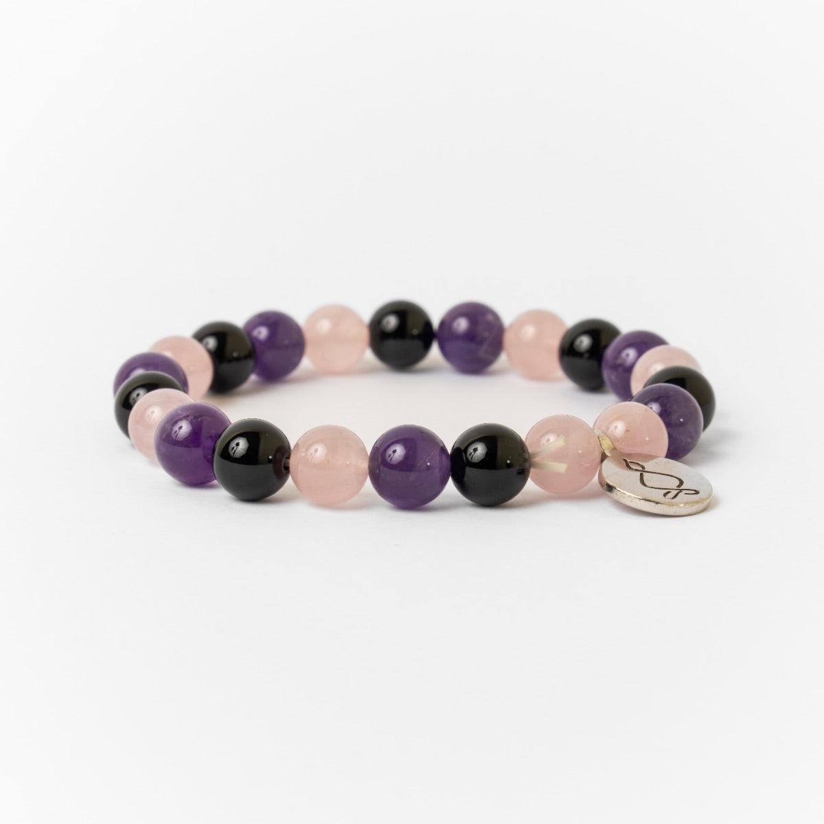 Bracelet « Créativité et Régénération » en Quartz Rose, Améthyste et Onyx Noir