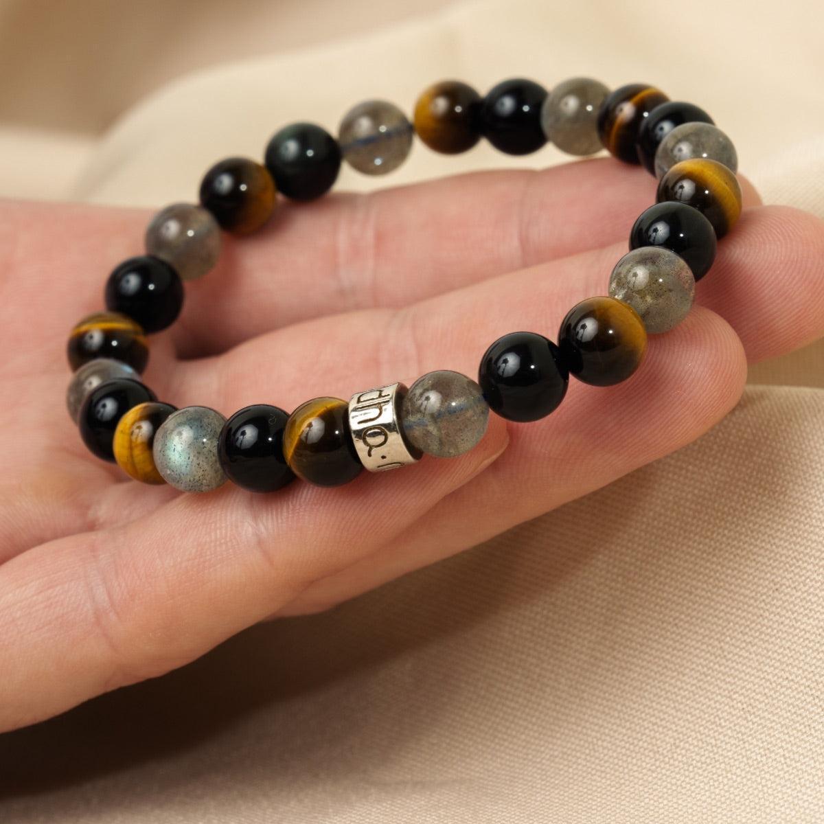 Bracelet de « Protection extrême » en Labradorite, Obsidienne Noire et Oeil de Tigre