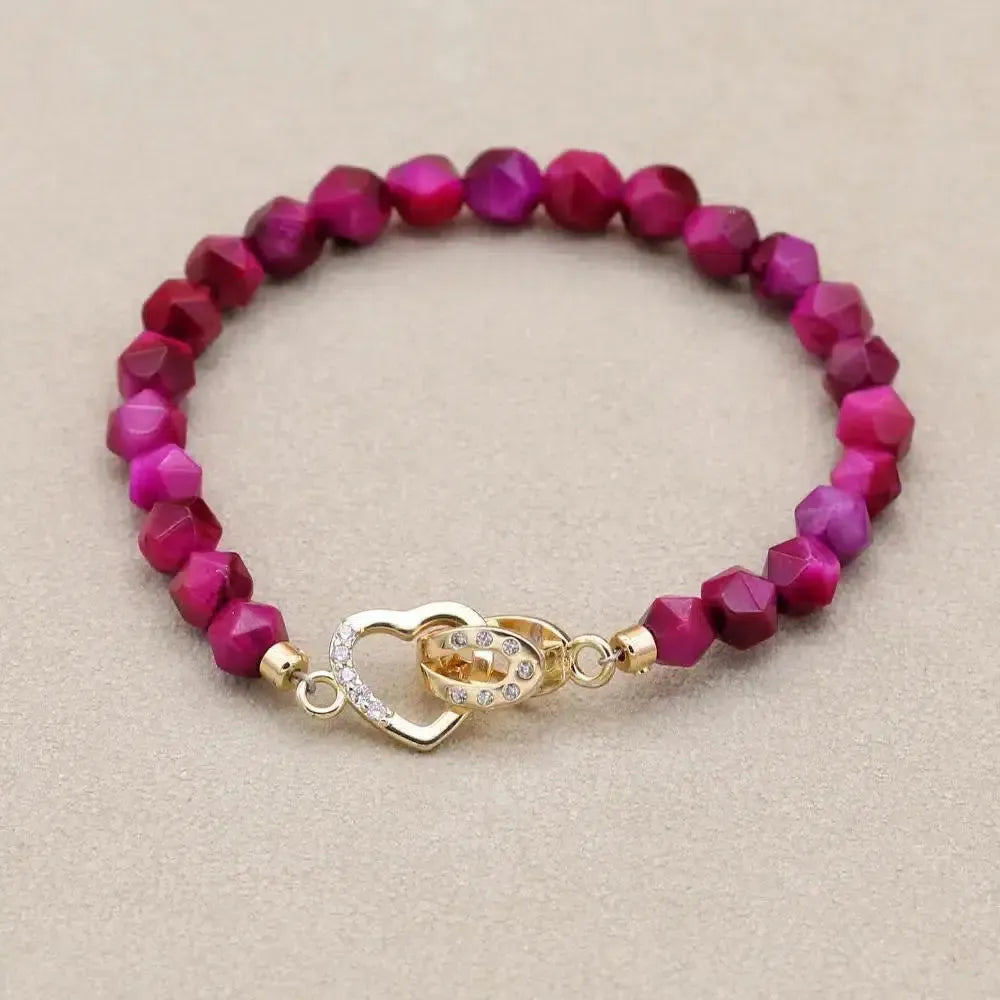 Bracelet en perles d'Œil de tigre bleu royal et fermoir cœur