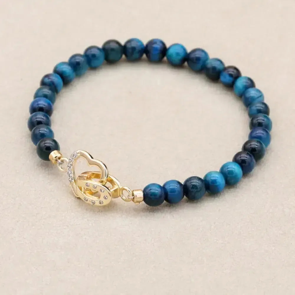 Bracelet en perles d'Œil de tigre bleu royal et fermoir cœur