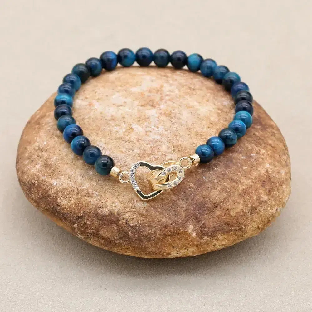 Bracelet en perles d'Œil de tigre bleu royal et fermoir cœur