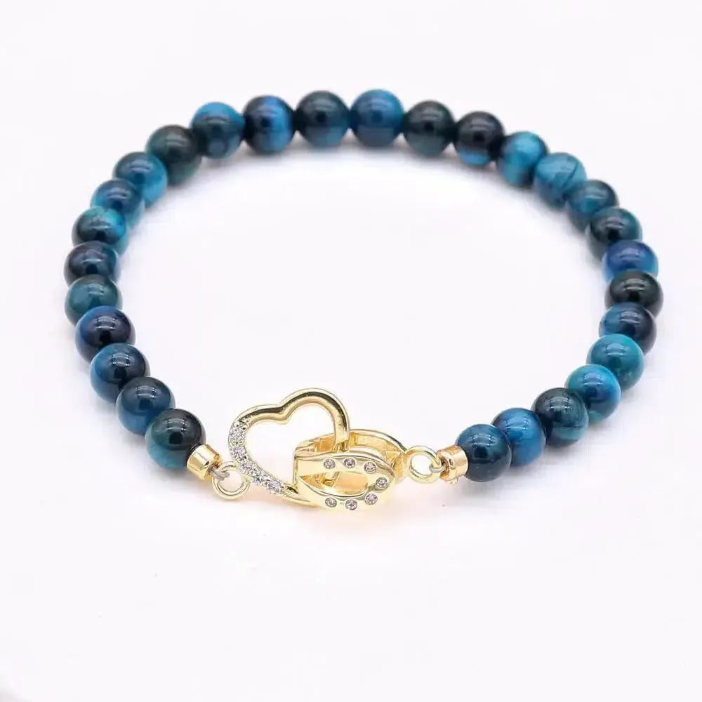 Bracelet en perles d'Œil de tigre bleu royal et fermoir cœur