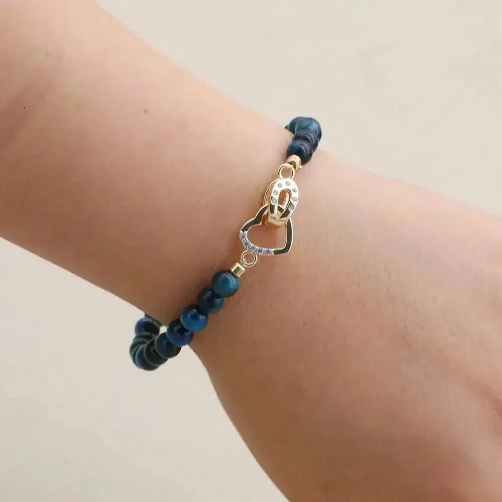 Bracelet en perles d'Œil de tigre bleu royal et fermoir cœur