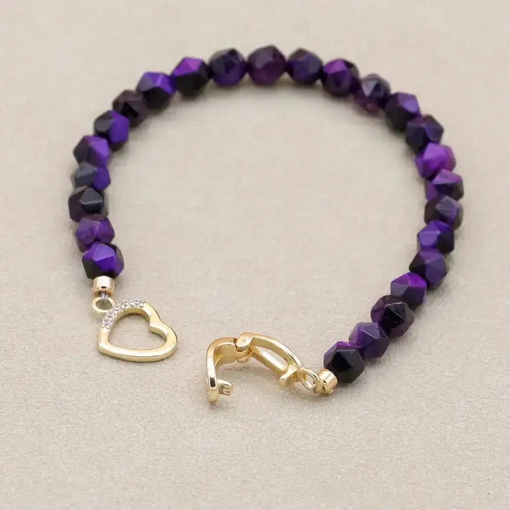 Bracelet en perles d'Œil de tigre bleu royal et fermoir cœur