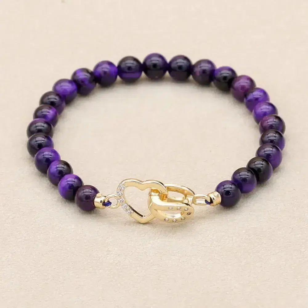 Bracelet en perles d'Œil de tigre bleu royal et fermoir cœur