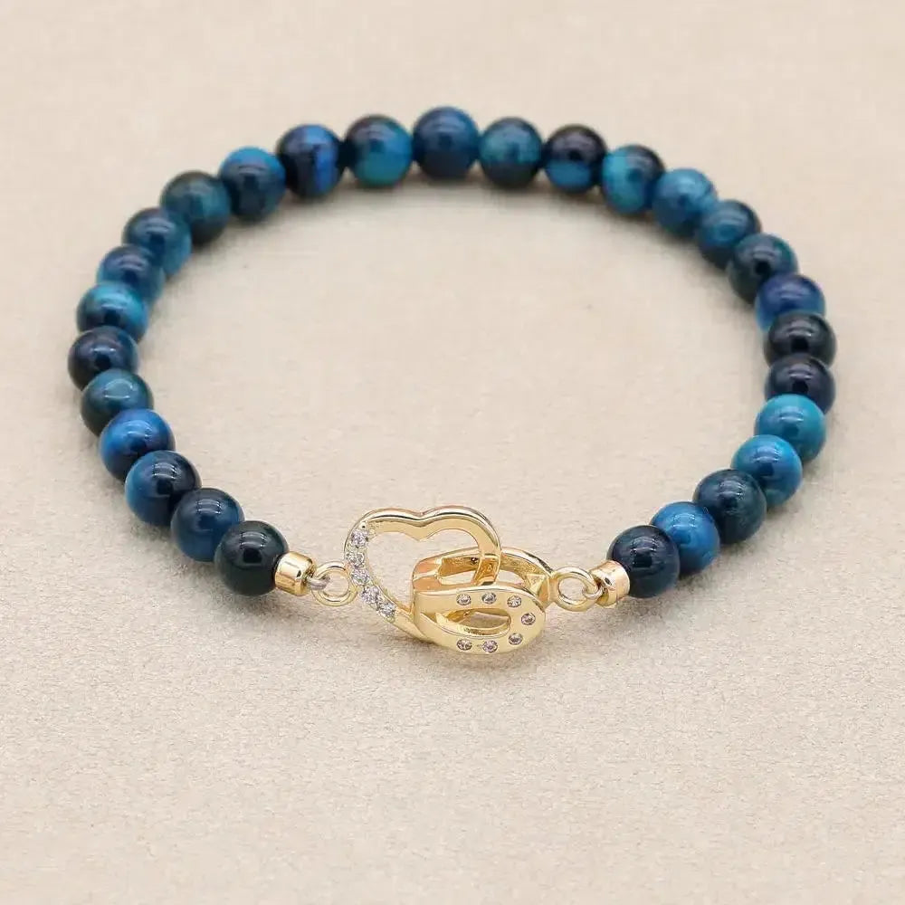 Bracelet en perles d'Œil de tigre bleu royal et fermoir cœur