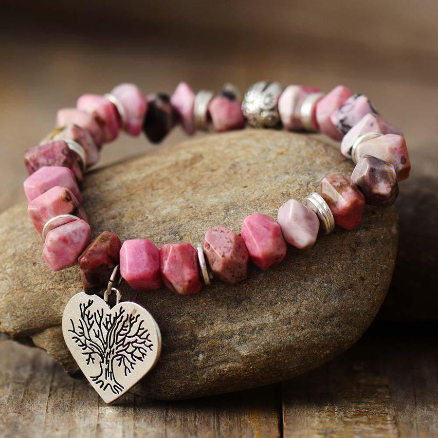 Bracelet en Rhodonite et son charme Cœur gravé Arbre de vie