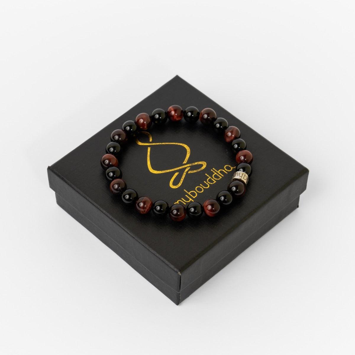 Bracelet « Force & Puissance » en Oeil de Tigre Rouge et Onyx Noir