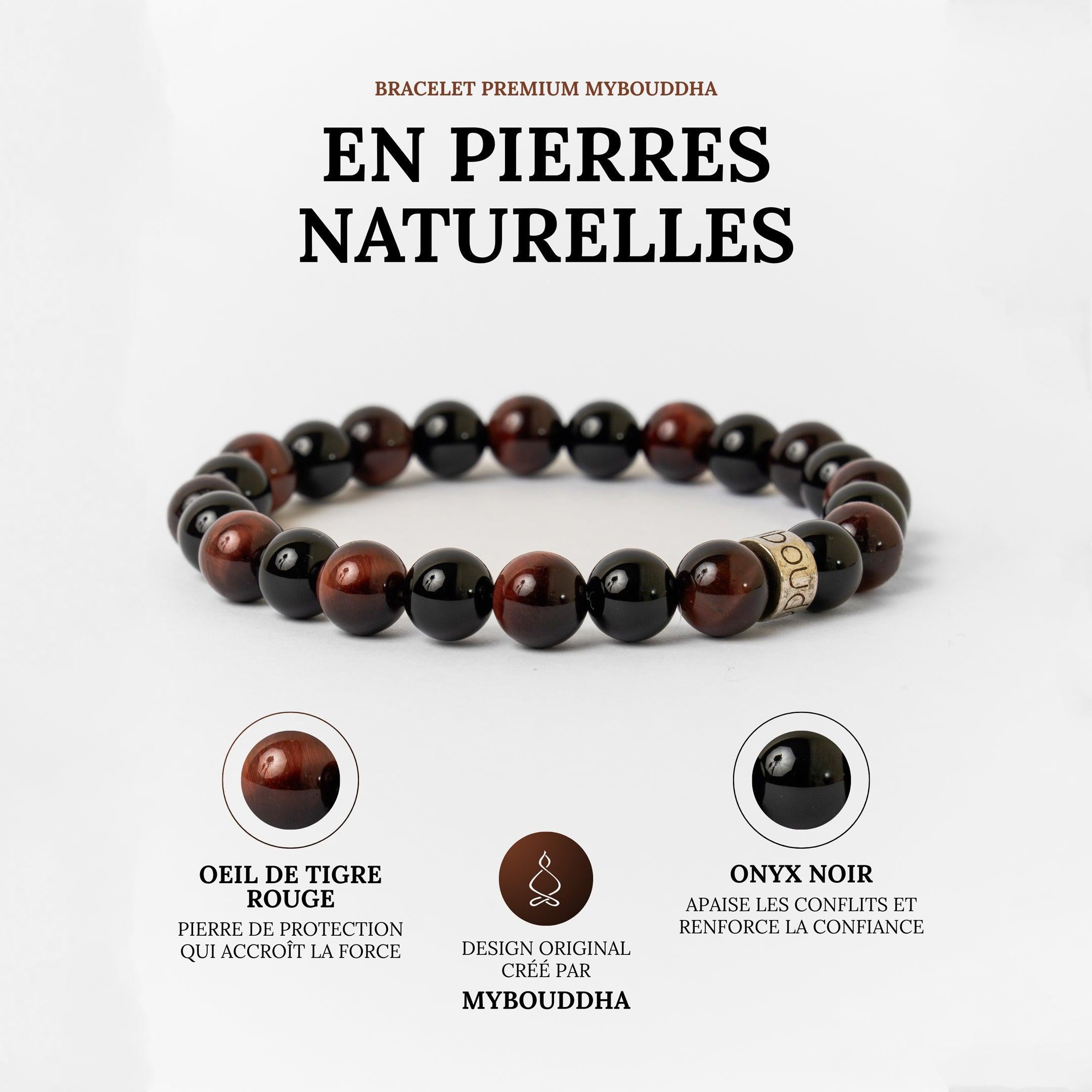 Bracelet « Force & Puissance » en Oeil de Tigre Rouge et Onyx Noir