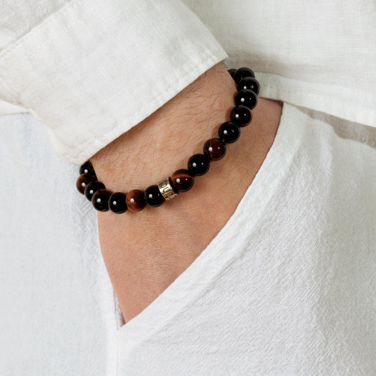 Bracelet « Force & Puissance » en Oeil de Tigre Rouge et Onyx Noir