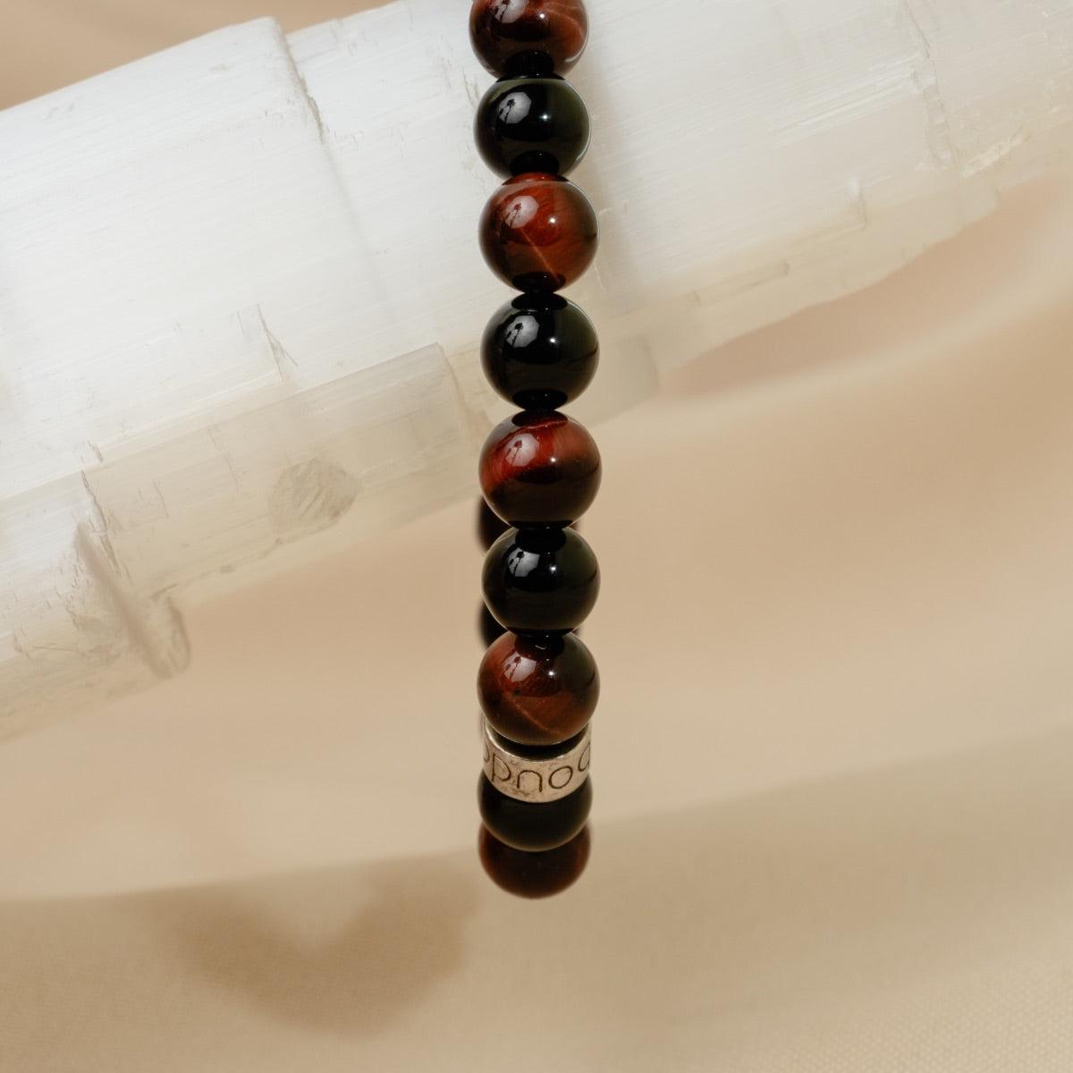 Bracelet « Force & Puissance » en Oeil de Tigre Rouge et Onyx Noir