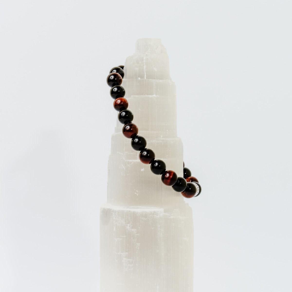 Bracelet « Force & Puissance » en Oeil de Tigre Rouge et Onyx Noir