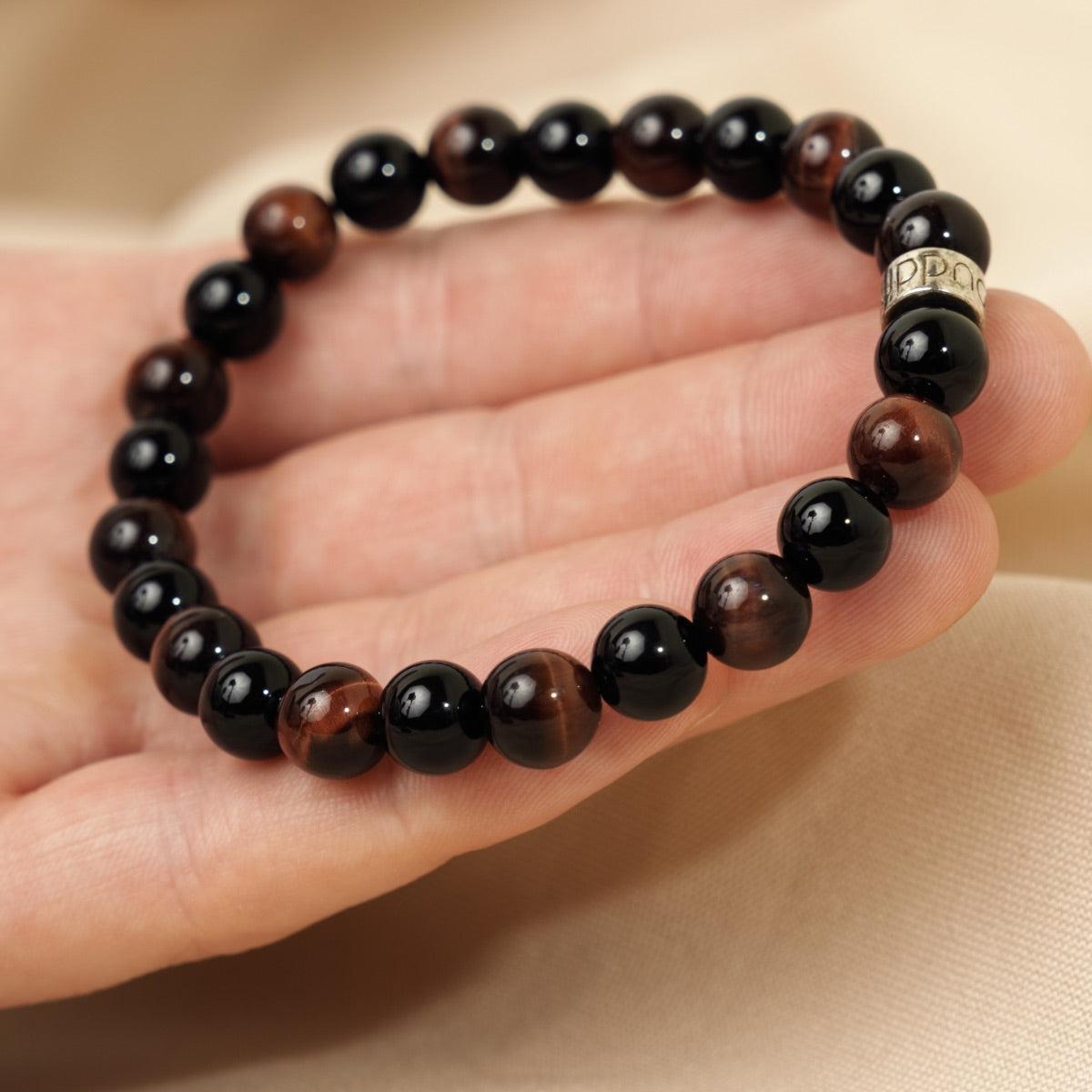 Bracelet « Force & Puissance » en Oeil de Tigre Rouge et Onyx Noir