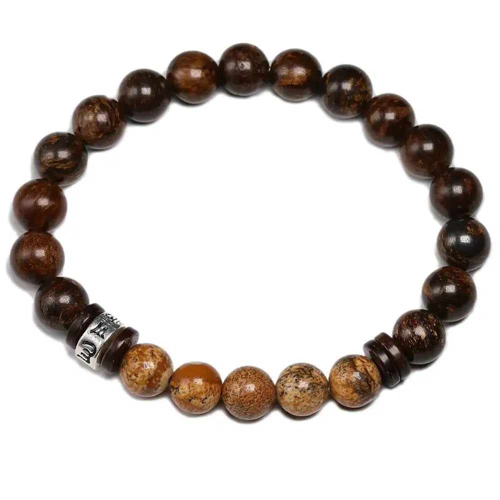 Bracelet tibétain en perles de pierre de Bronzite et coquille de noix de coco