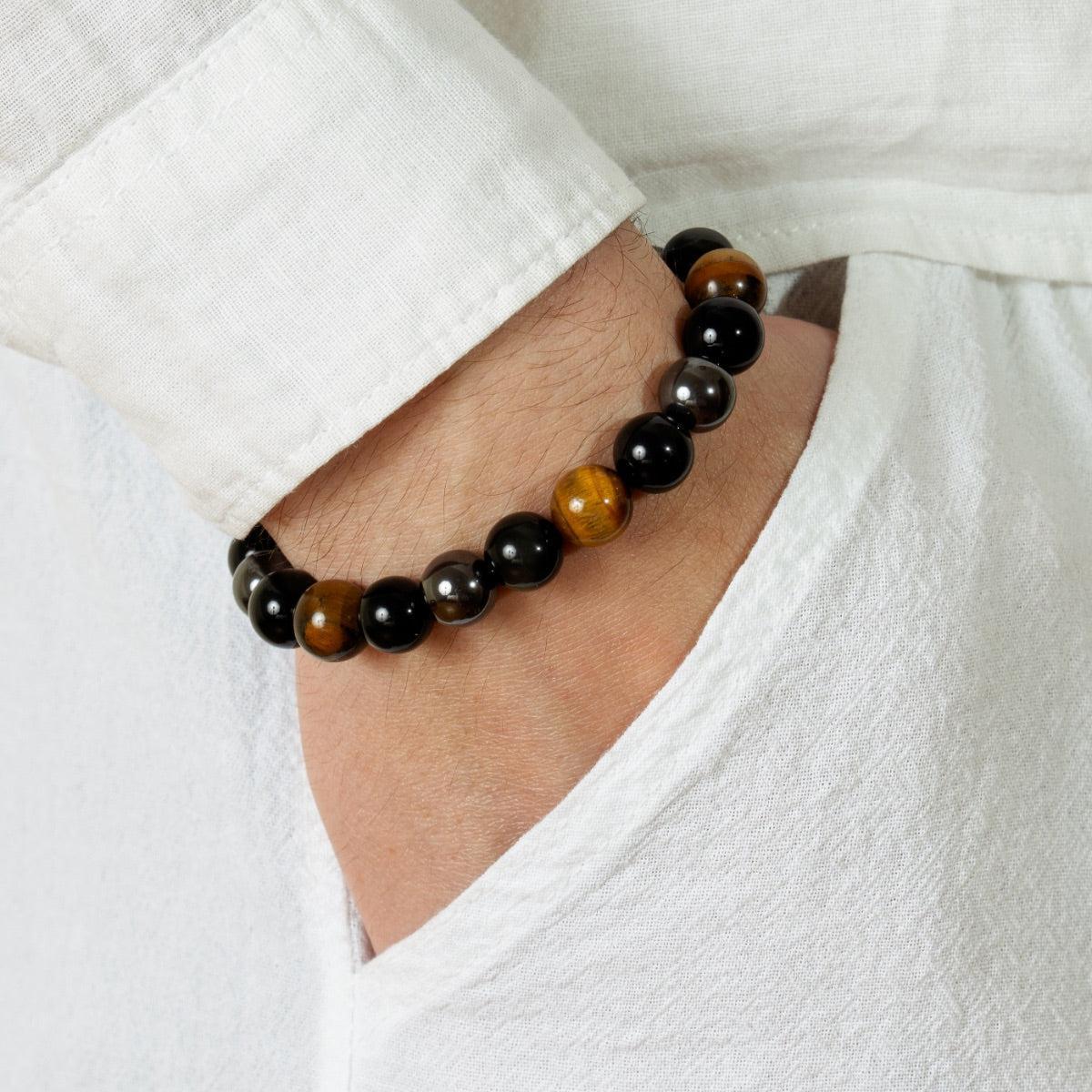 Bracelet «Triple protection» en obsidienne noire, oeil de tigre et hématite.