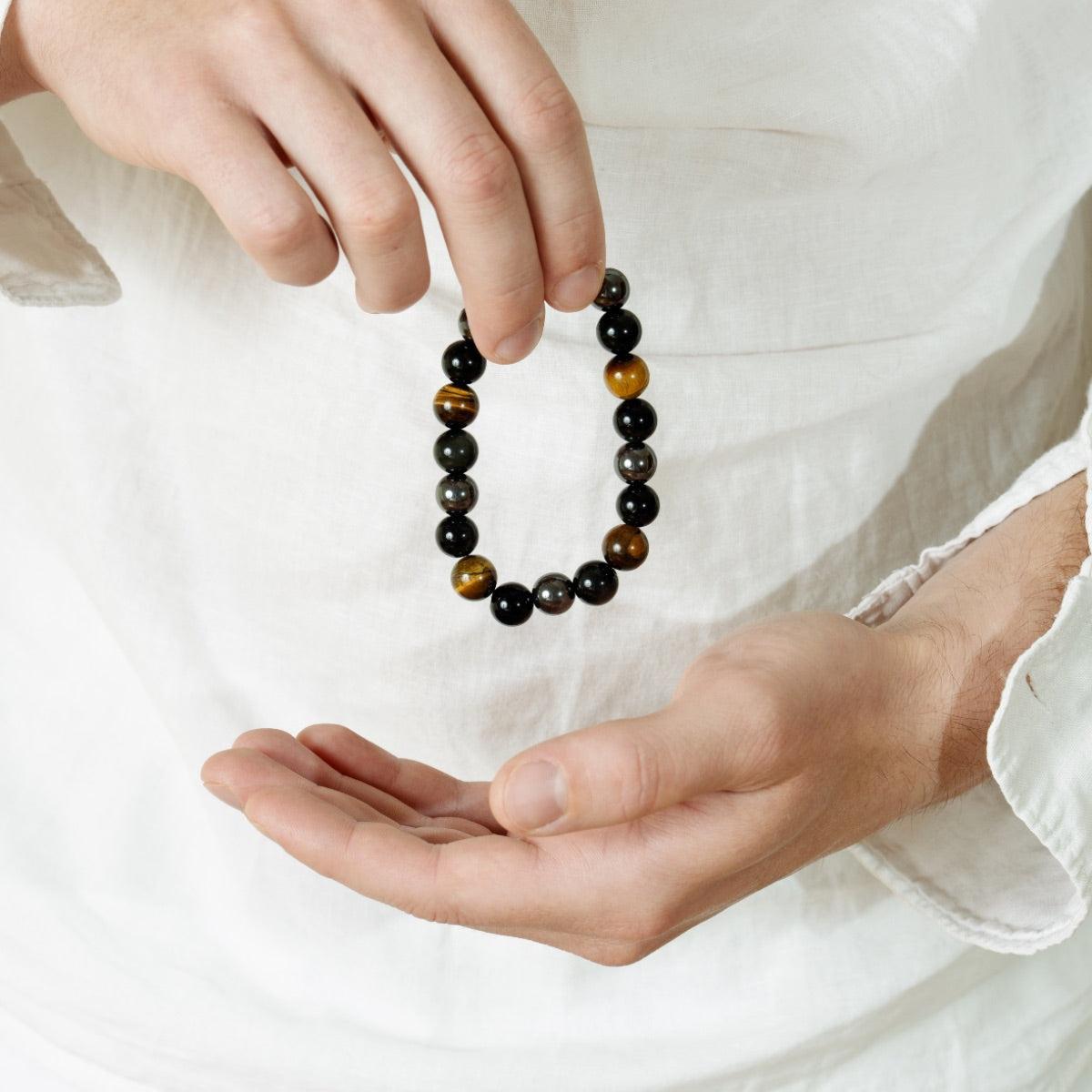 Bracelet «Triple protection» en obsidienne noire, oeil de tigre et hématite.