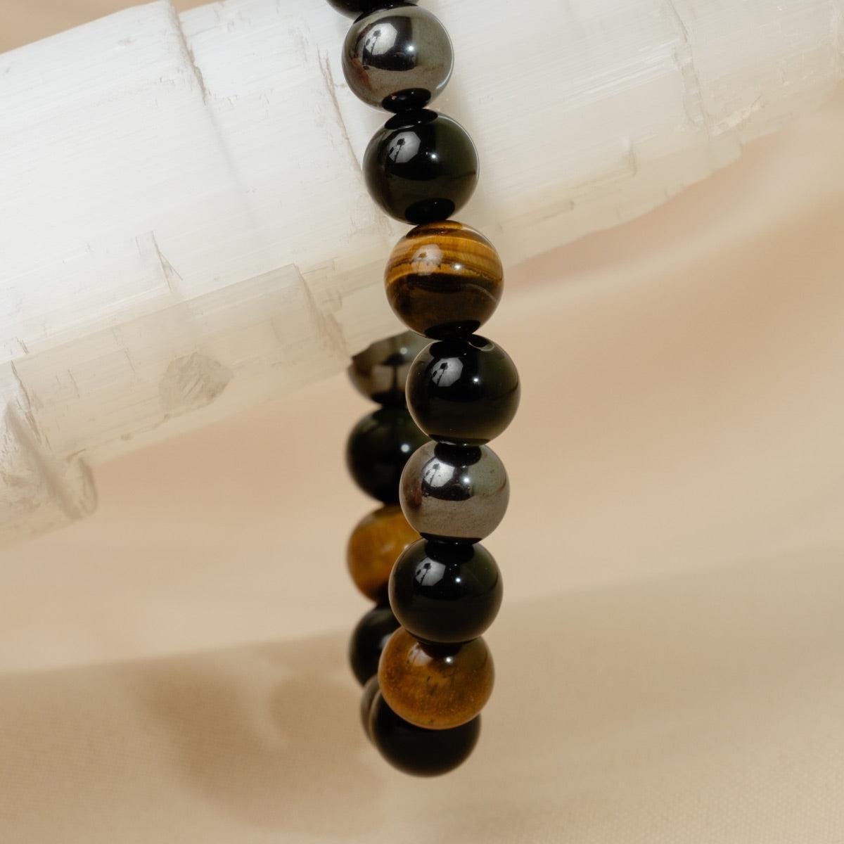 Bracelet «Triple protection» en obsidienne noire, oeil de tigre et hématite.