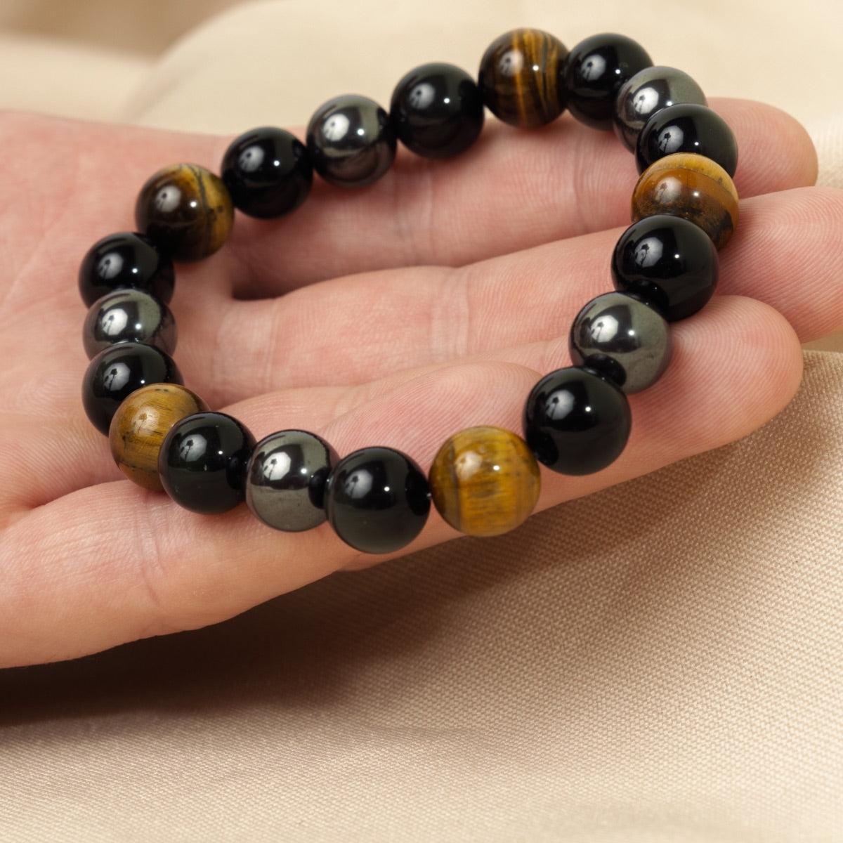 Bracelet «Triple protection» en obsidienne noire, oeil de tigre et hématite.
