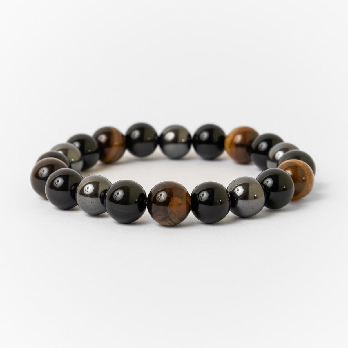 Bracelet «Triple protection» en obsidienne noire, oeil de tigre et hématite.
