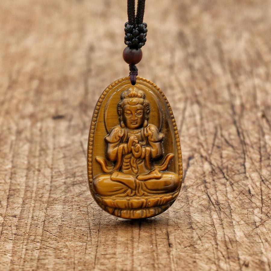 Collier en pierre naturelle en Œil de tigre sculpté à l’effigie de Bouddha