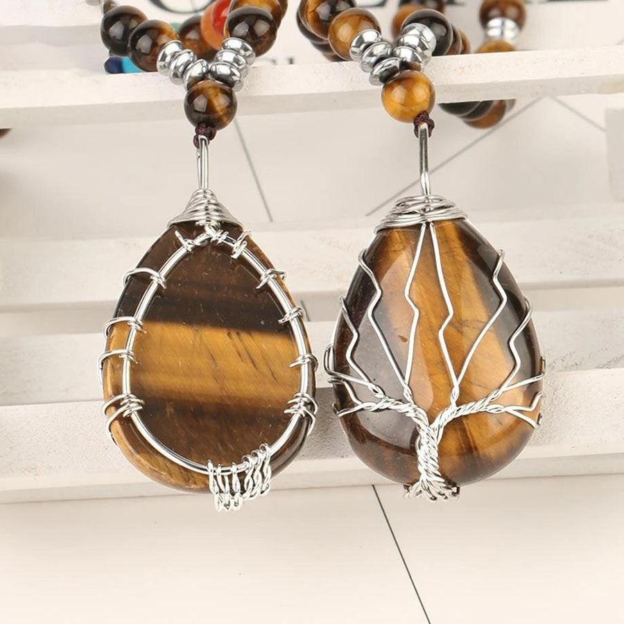 Collier pendentif goute d’eau en Œil de tigre naturel et « Arbre de vie »