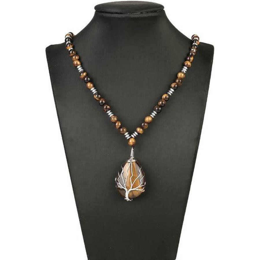 Collier pendentif goute d’eau en Œil de tigre naturel et « Arbre de vie »