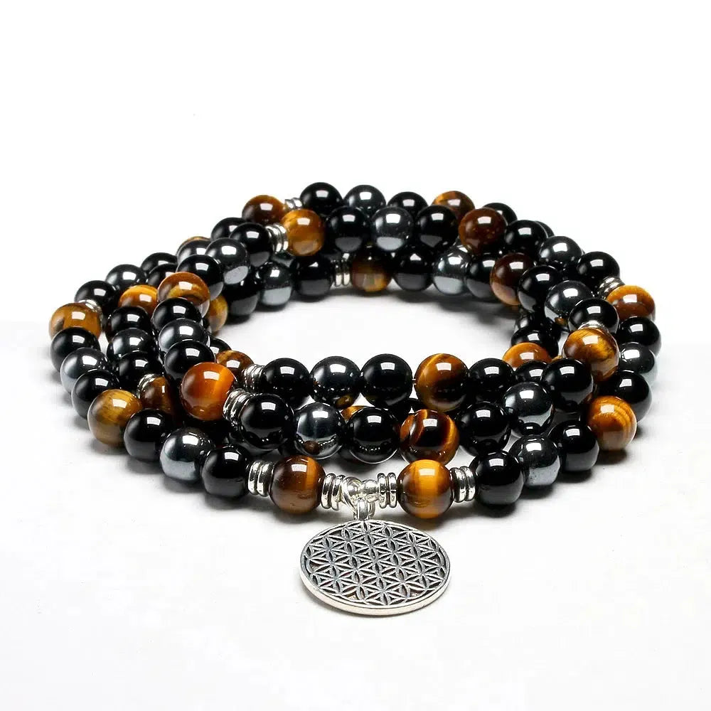 Mala «protection spirituelle» en Oeil de tigre, Hématite et Onyx Noir