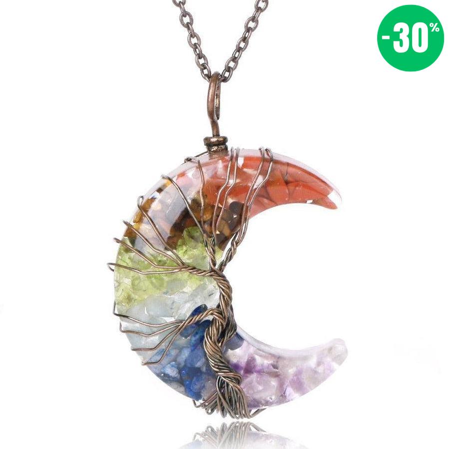 Pendentif «Éclat et Harmonie Spirituelle» des 7 Chakras en forme de Lune et Arbre de Vie