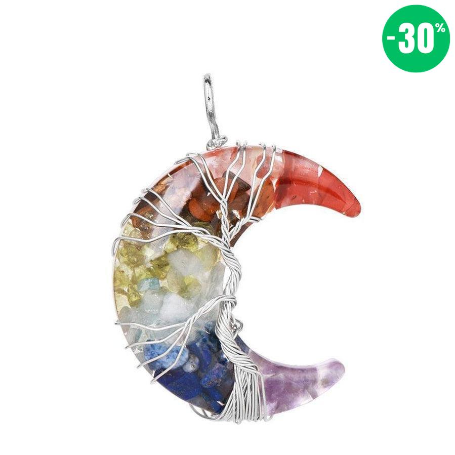 Pendentif «Éclat et Harmonie Spirituelle» des 7 Chakras en forme de Lune et Arbre de Vie
