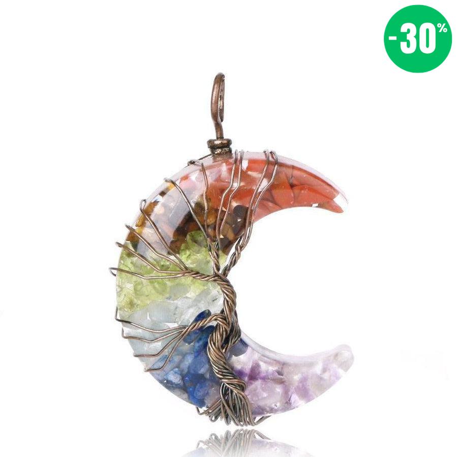 Pendentif «Éclat et Harmonie Spirituelle» des 7 Chakras en forme de Lune et Arbre de Vie