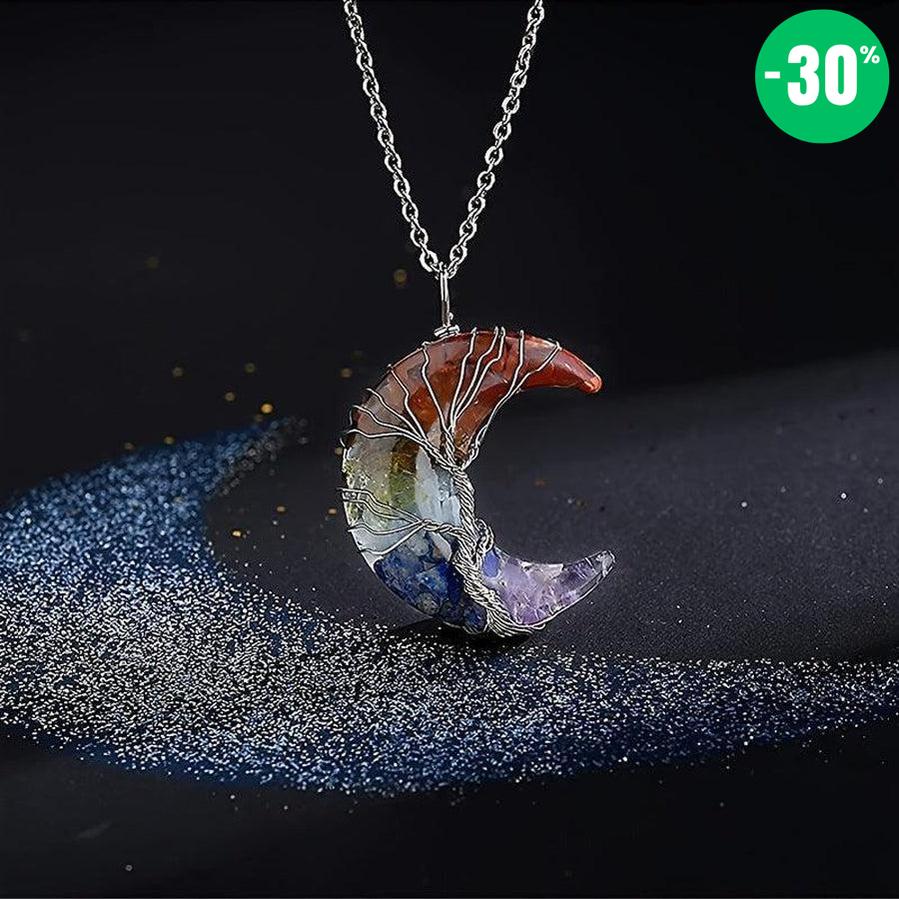 Pendentif «Éclat et Harmonie Spirituelle» des 7 Chakras en forme de Lune et Arbre de Vie