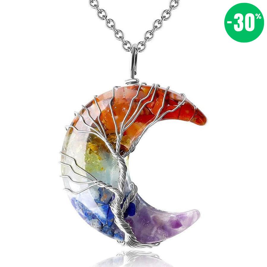 Pendentif «Éclat et Harmonie Spirituelle» des 7 Chakras en forme de Lune et Arbre de Vie