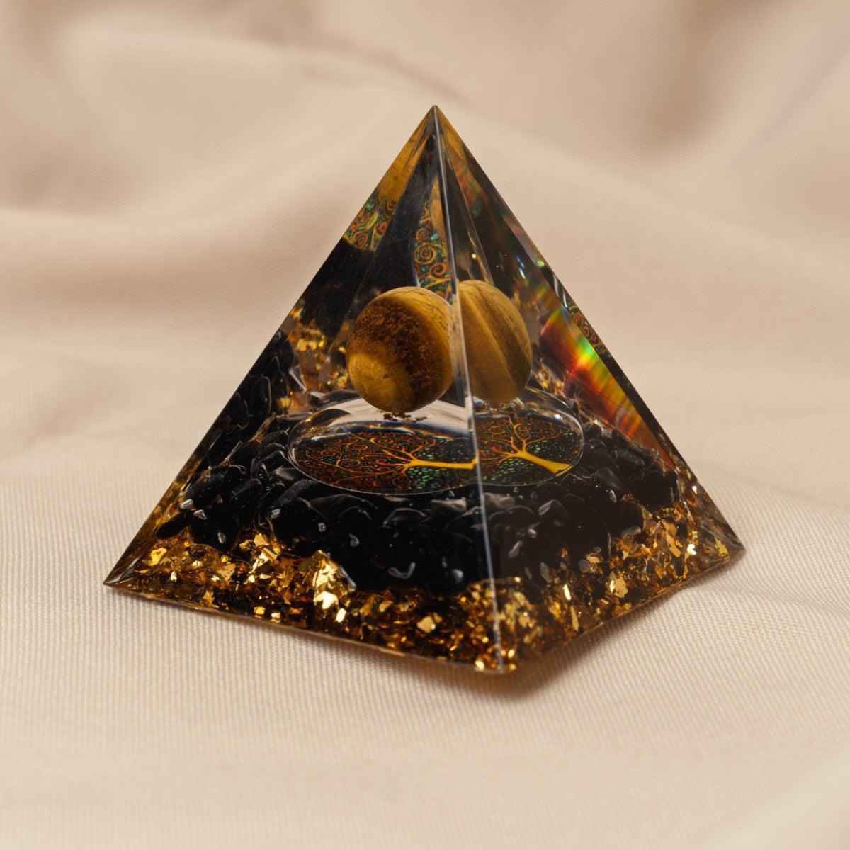 Pyramide Orgonite sphère Œil de tigre, Obsidienne et feuille d’or
