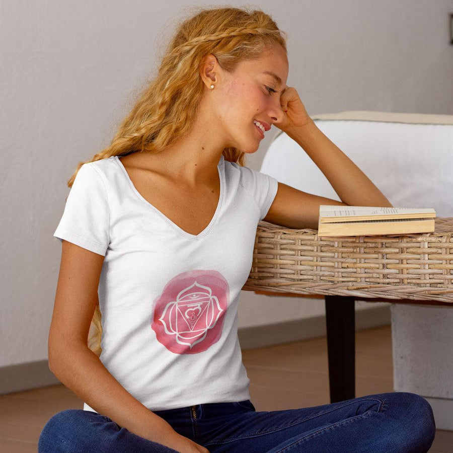 T-shirt col en V en coton bio "Muladhara ou 1er Chakra" pour femme