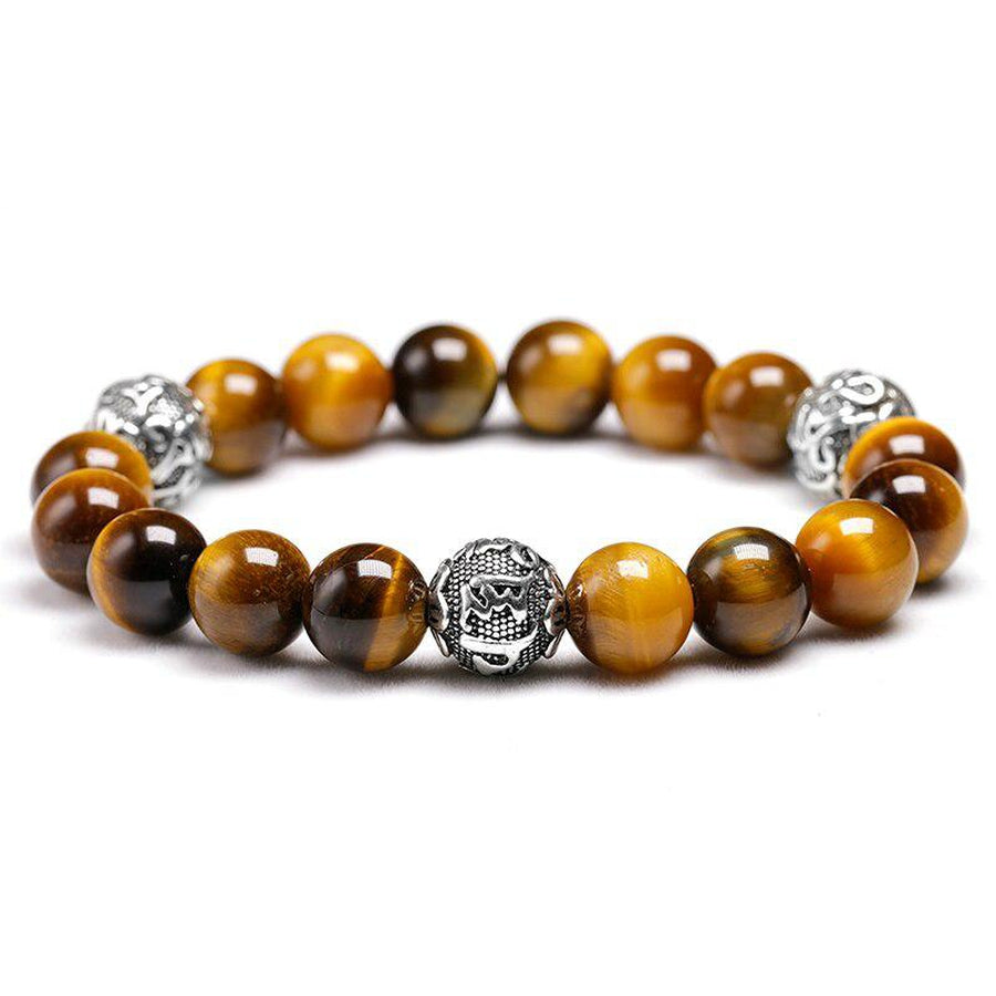 Bracelet en Œil de tigre naturel et 3 perles cylindriques gravées « Om Mani Padme Hum »