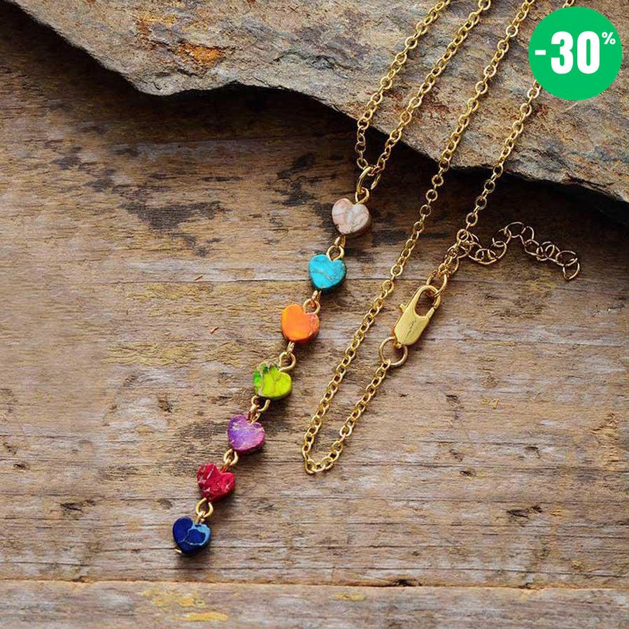 Collier des 7 chakras pendentif cœurs
