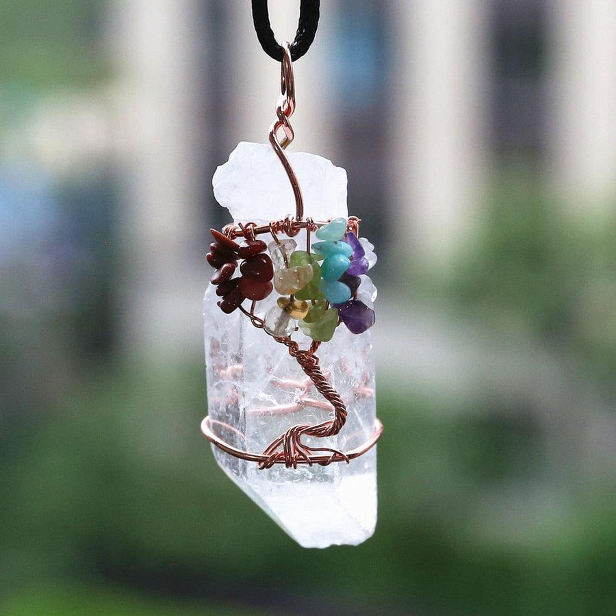 Collier pendentif des 7 chakras « arbre de vie » en cristal blanc